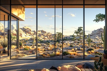 A large modern home with wide windows providing a clear view of a rocky desert, with scattered cacti and warm tones throughout the landscape