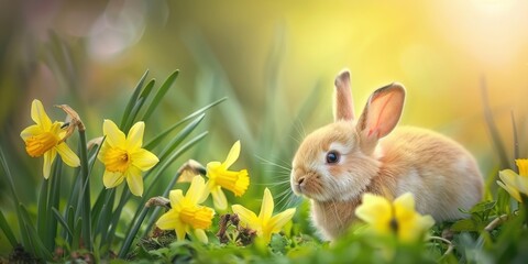 Fototapeta premium A photograph of a baby rabbit among daffodils soft