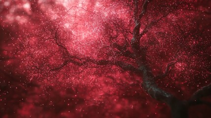 Crimson Dream: A surreal digital art of a tree engulfed in a red nebula, evoking mystery and wonder.  The dark branches contrast with the vibrant, glowing particles, creating a captivating atmosphere.