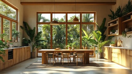 Obraz premium Sunlit Tropical Kitchen Design: Modern Minimalist Interior with Abundant Greenery and Natural Light