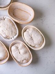 Sourdough Bread in Proofing basket, bannetons baskets for retarding raw dough before baking.