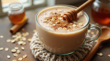 A steaming cup of oat milk is garnished with honey and sprinkled with cinnamon, surrounded by scattered oats and a wooden spoon in a sunlit kitchen