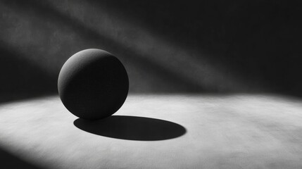 A black and white photograph of a sphere casting a shadow on a plain surface.