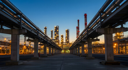 Naklejka premium Industrial Petrochemical Plant at Twilight with Blue Sky and Complex Pipeline Structure