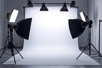 A pro studio setup with seamless white backdrop and professional lighting, ideal for fashion or product photography.