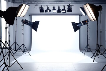 A pro studio setup with seamless white backdrop and professional lighting, ideal for fashion or product photography.