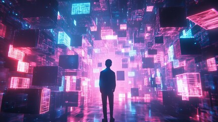 Man standing in a digital space surrounded by glowing cubes in pink and blue tones of light