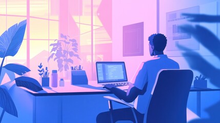 Sunrise workspace, man coding, modern office, plants