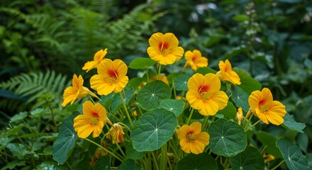 Fototapeta premium Vibrant Yellow Nasturtiums Blooming in a Lush Garden AI Generated