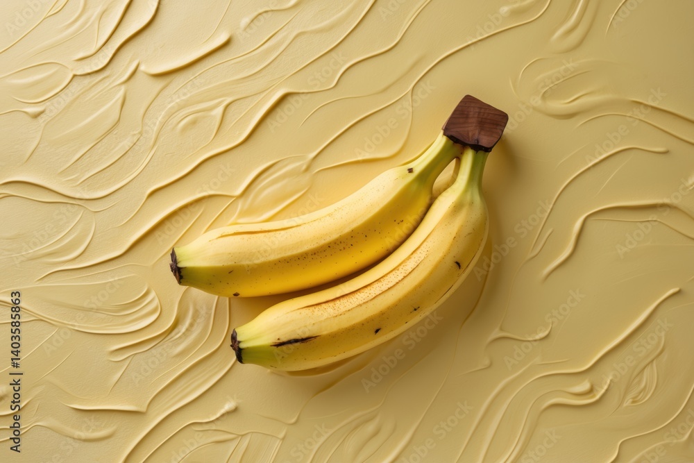 Poster fresh ripe bananas arranged artistically on a smooth textured surface with a yellow backdrop, creati