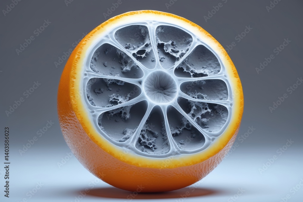 Poster a hyper-realistic representation of a segmented orange fruit displaying intricate details and textur