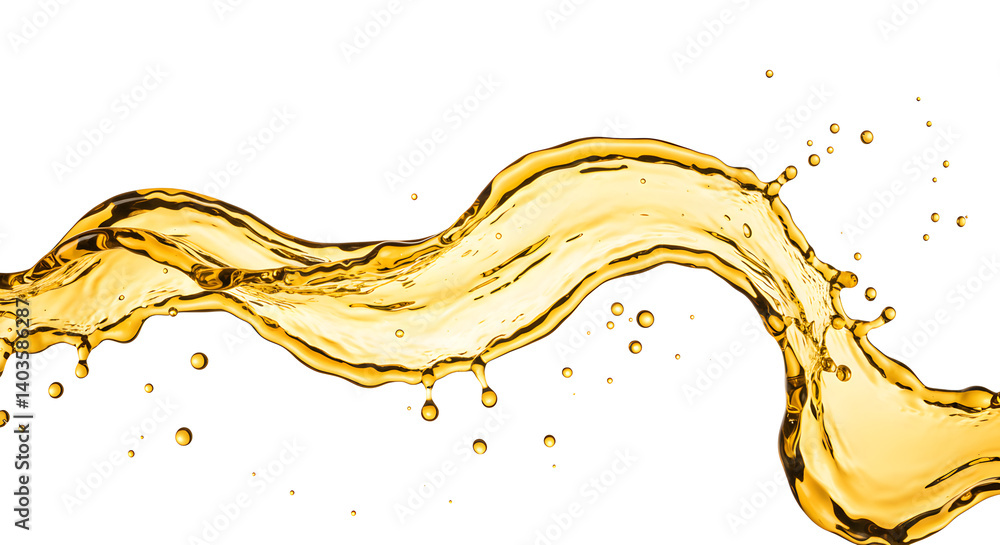 Poster dynamic golden liquid splashing with swirling flow and transparent background