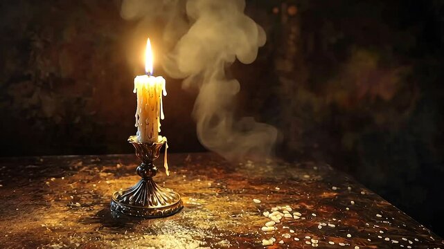 A lone candle burns dimly on a rustic table, smoke swirling in the dark