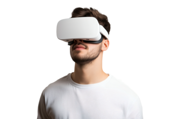 Young man immersed in virtual reality technology wearing white headset and shirt on transparent background