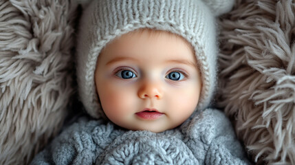 Sweet infant wearing a cozy, knitted hat.