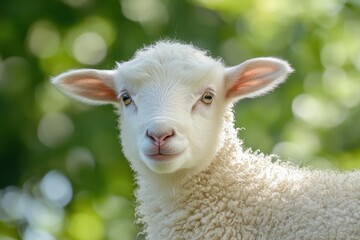 Obraz premium Cute lamb portrait in a sunlit forest