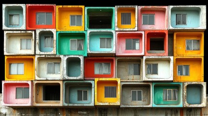 Colorful Container Building Facade: A vibrant architectural masterpiece showcasing a unique design with a multitude of colorful containers forming a striking building facade.