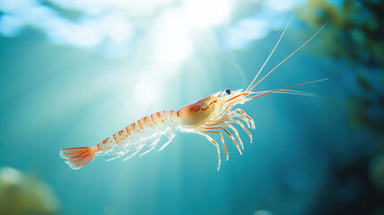 Graceful Shrimp Swimming in Clear Ocean Water with Sunlight Rays