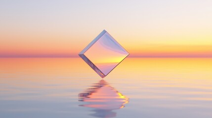A glass pyramid sits on a calm body of water, reflecting the warm hues of a sunset.