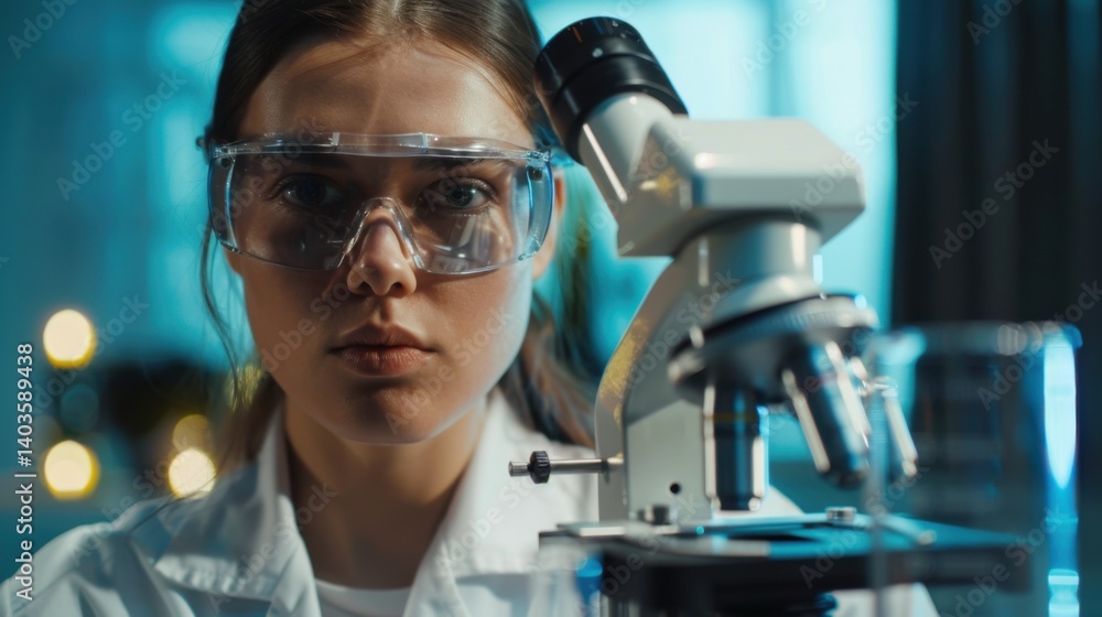 Poster confident woman scientist in lab using microscope for research and science innovation.