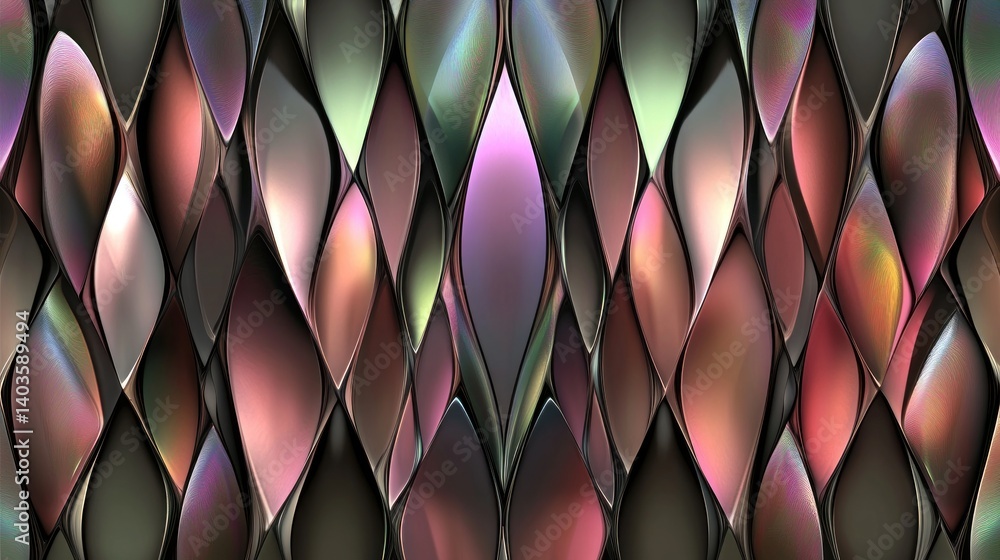 Poster a mesmerizing abstract pattern of overlapping, textured, multicolored shapes.