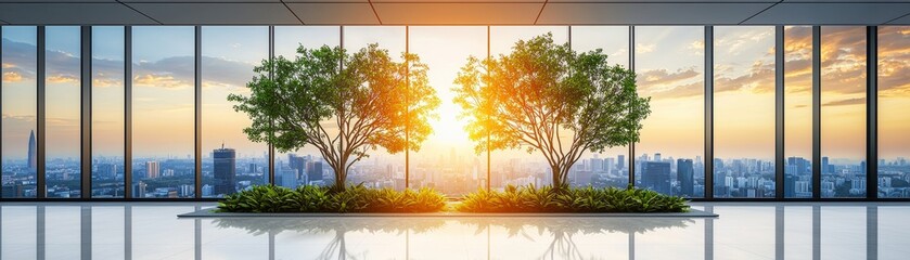 Corporate conference room with executives discussing strategy city skyline view modern environment inspirational concept