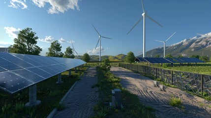 Solar panels and wind turbines in a field, symbolizing clean energy and sustainability.
