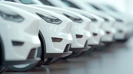Fototapeta premium A row of sleek, modern white cars lined up in a showroom, showcasing their stylish design and polished finish.