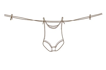 Simple line drawing of a bodysuit hanging on a clothesline.