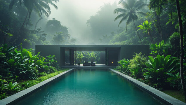 A luxurious pool nestled within a tropical jungle offers a serene getaway experience.