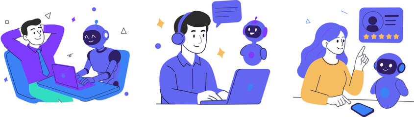 Flat Style Vector Illustration of Human and AI Collaboration in Modern Technology Workflow.