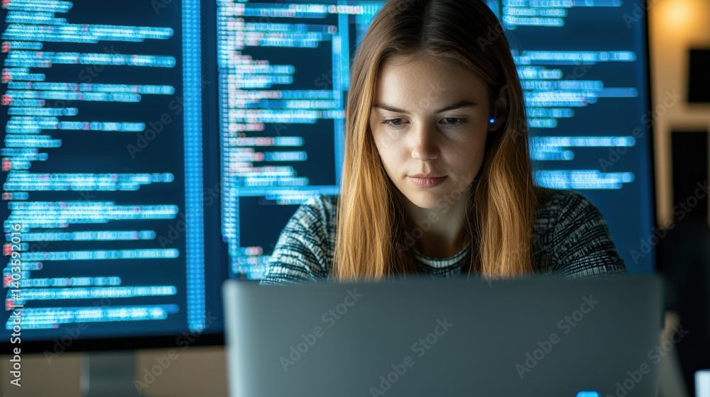 Poster a focused individual works on a laptop, surrounded by glowing screens filled with code, showcasing a