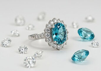 Ring with gems and diamonds displayed on white background