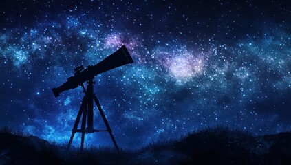 Telescope silhouette against a starry night sky with milky way and dark foreground.