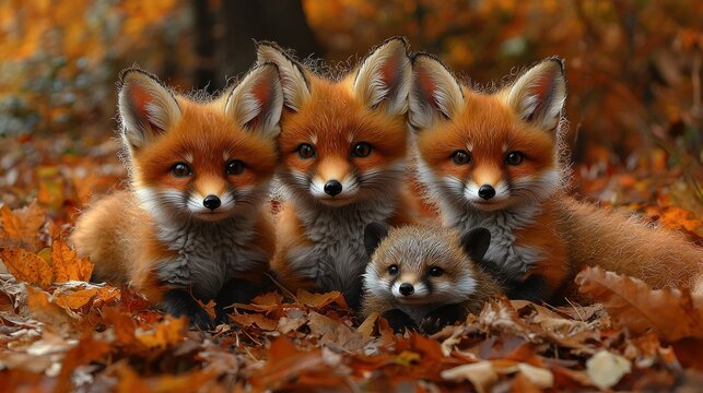 Adorable Fox Family in Autumn Leaves - Powered by Adobe