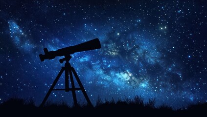 Telescope silhouette against starry night sky with milky way in the background.