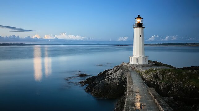A serene lighthouse stands on rocky shores, illuminating the calm waters under a twilight sky, reflecting peaceful hues of blue.
