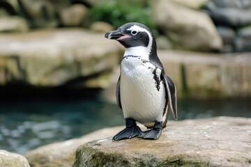Fototapeta premium Cute penguin on rock by water