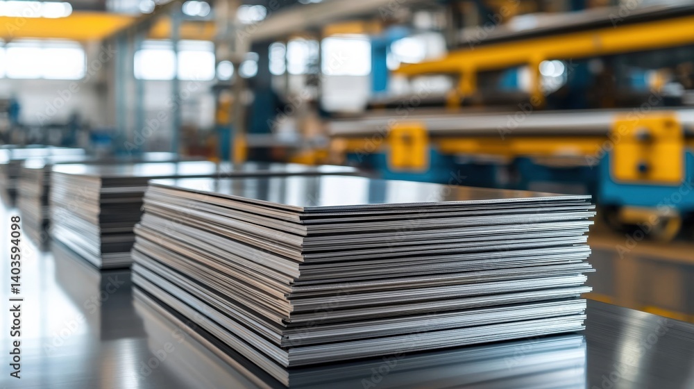 Poster a stack of metal sheets arranged neatly in a factory setting, showcasing manufacturing processes and