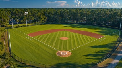 Obraz premium Aerial view of a well-maintained baseball field in a park-like setting