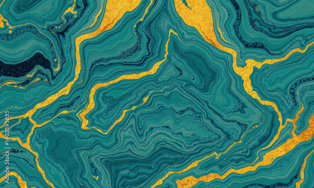 Poster vibrant green marble texture with intricate swirling patterns and golden accents, creating luxurious