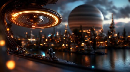 Futuristic Cityscape with Alien Planet, and Spaceship View.