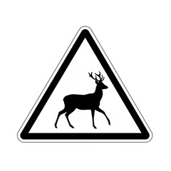 Black silhouette of deer inside a warning triangle road sign