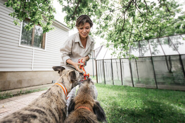 A beautiful woman plays with two dogs in the yard near the house. Summer, fun.