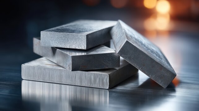 Stack of Rectangular Metal Blocks on Reflective Surface