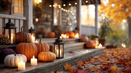 Autumn porch with pumpkins and lanterns (1)