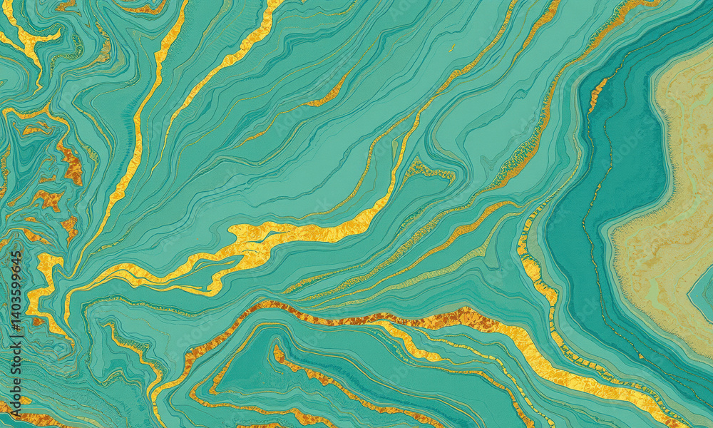 Poster vibrant abstract design featuring swirling patterns in shades of turquoise and gold, creating luxuri