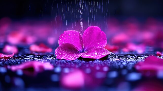 Rainy Day Petals: A Serene Macro Photograph of a Purple Flower Underneath the Rain
