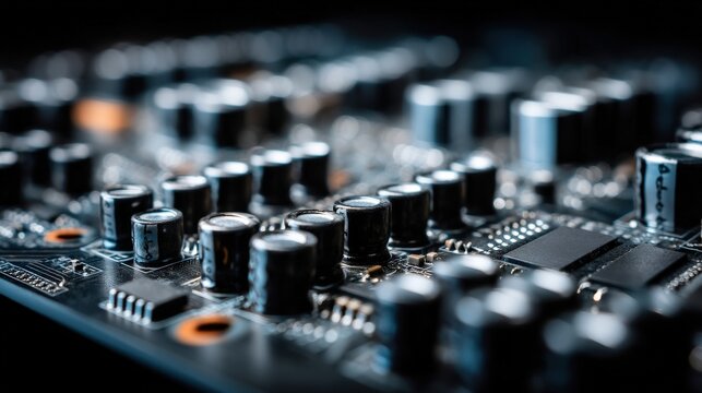 Electronics Circuit Board with Capacitors Close-Up