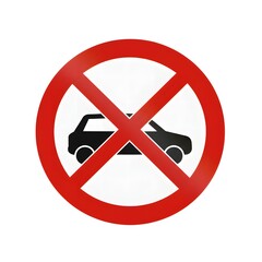 Red prohibition sign with black car silhouette on white background